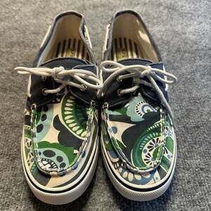 Sperry Top-Sider Women Bahama Blue Denim Green Floral Canvas Boat Shoes Sz 8M